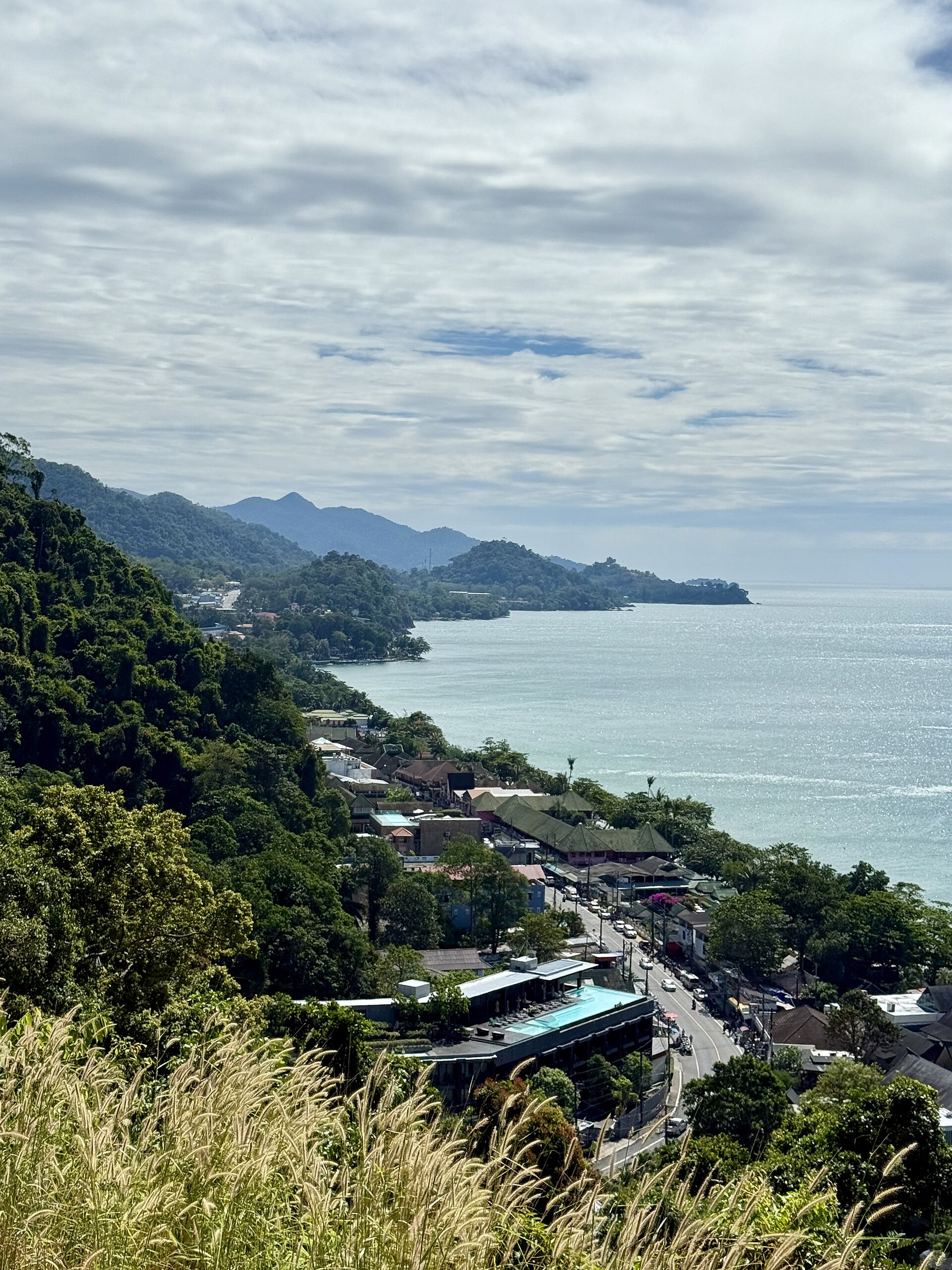 從觀景點俯瞰象島白沙海灘、海灣與西岸林木；目的地環境照，非本文飯店實景