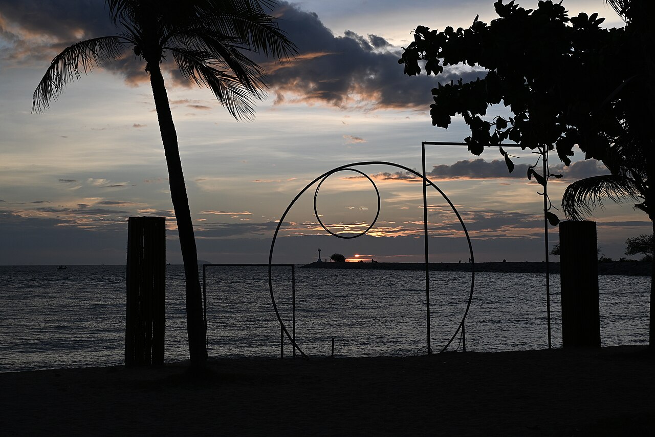 那中天海岸夕陽下的海面與岸邊棕櫚樹剪影